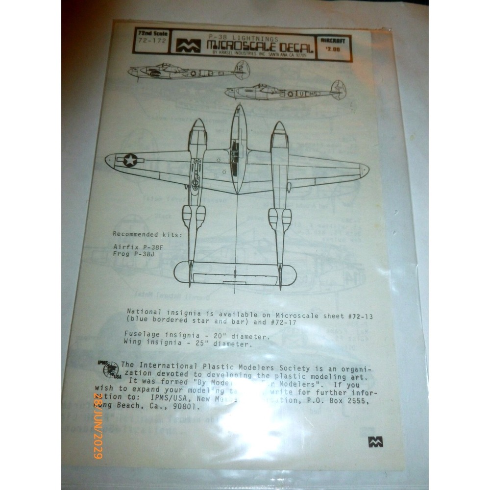 Microscale Decal 72-172 P-38 Lightnings 1/72 Scale Aircraft Model Water Slide